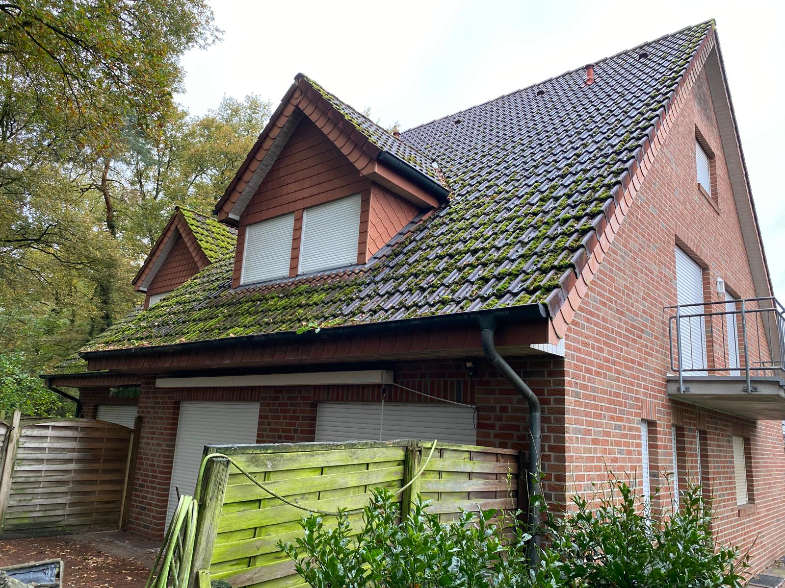 Dachfl&auml;che mit starkem Moosbewuchs vor der Reinigung